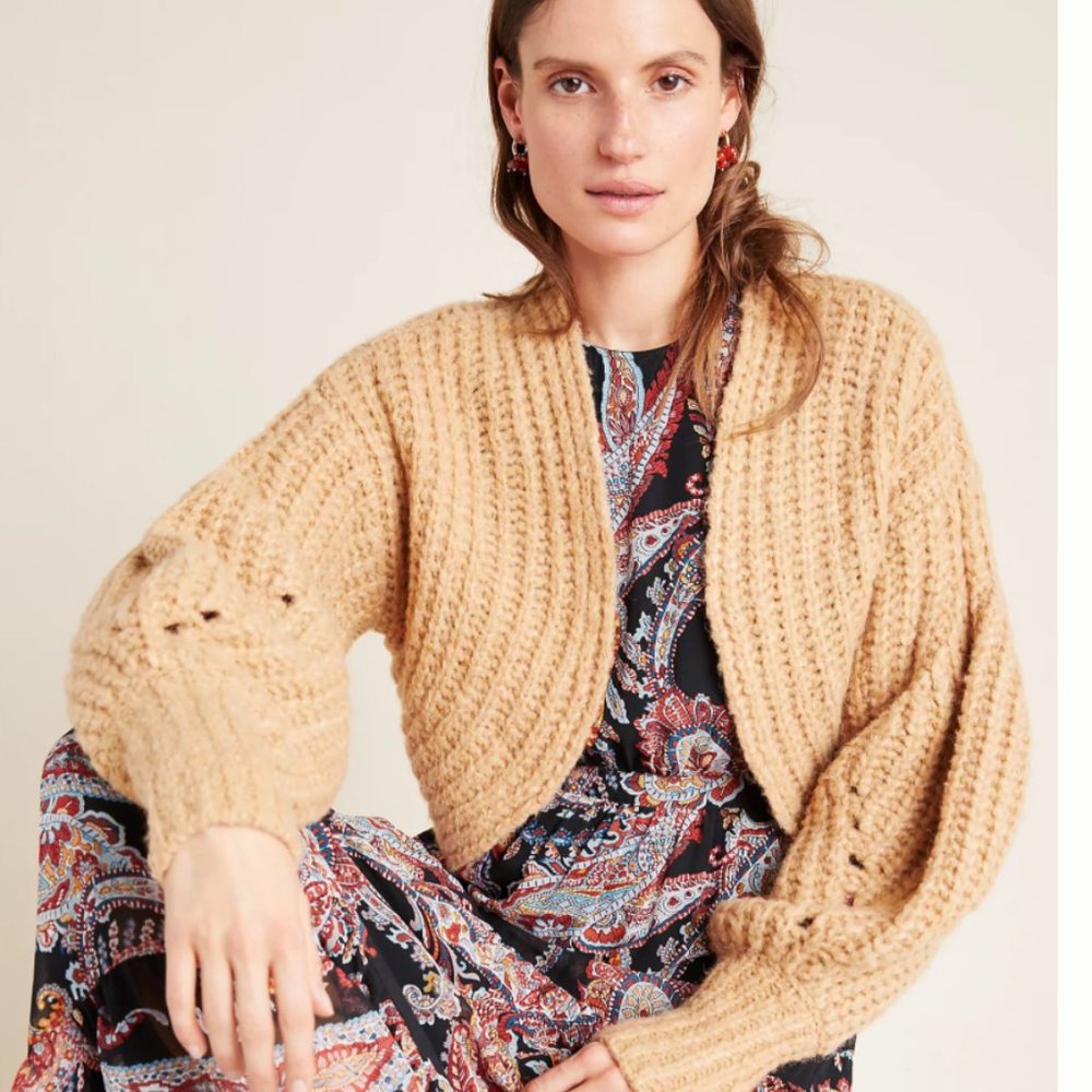 Anthropologie Wool Boho Cropped Cardigan Alpaca Small New Cozy Knit Tan